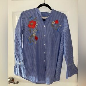 LOFT Embroidered Blue Striped Blouse with Ruffled Sleeves Medium